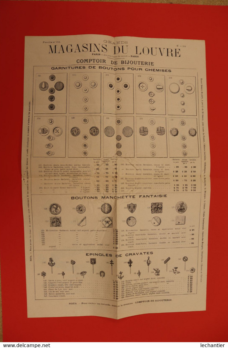 Magasins Du LOUVRE  Comptoir Bijouterie Document Des Années 1900/1910 Affichette Recto/verso 25X38 - Necklaces/Chains