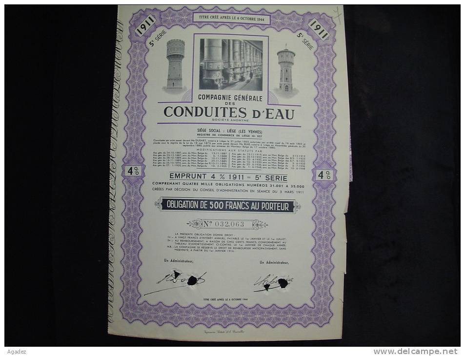 Obligation Bond "Cie Generale Des Conduites D'eau"Liège(water) (Les Vennes)1911. Reste Des Coupons. - Acqua