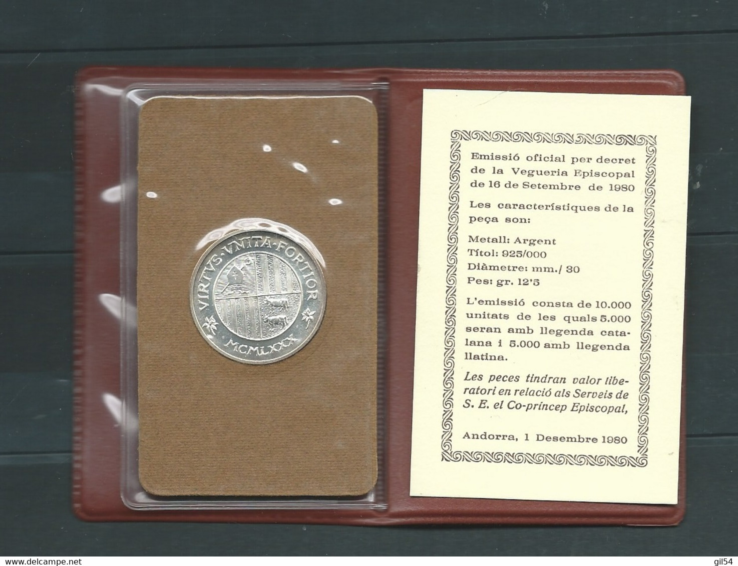 Monnaie  ANDORRE ,ANDORRA 1980 MONEDA MEDALLA VEGUERIA EPISCOPAL Silver Argento  ( 3 SCANS ) PIC85 - Andorra