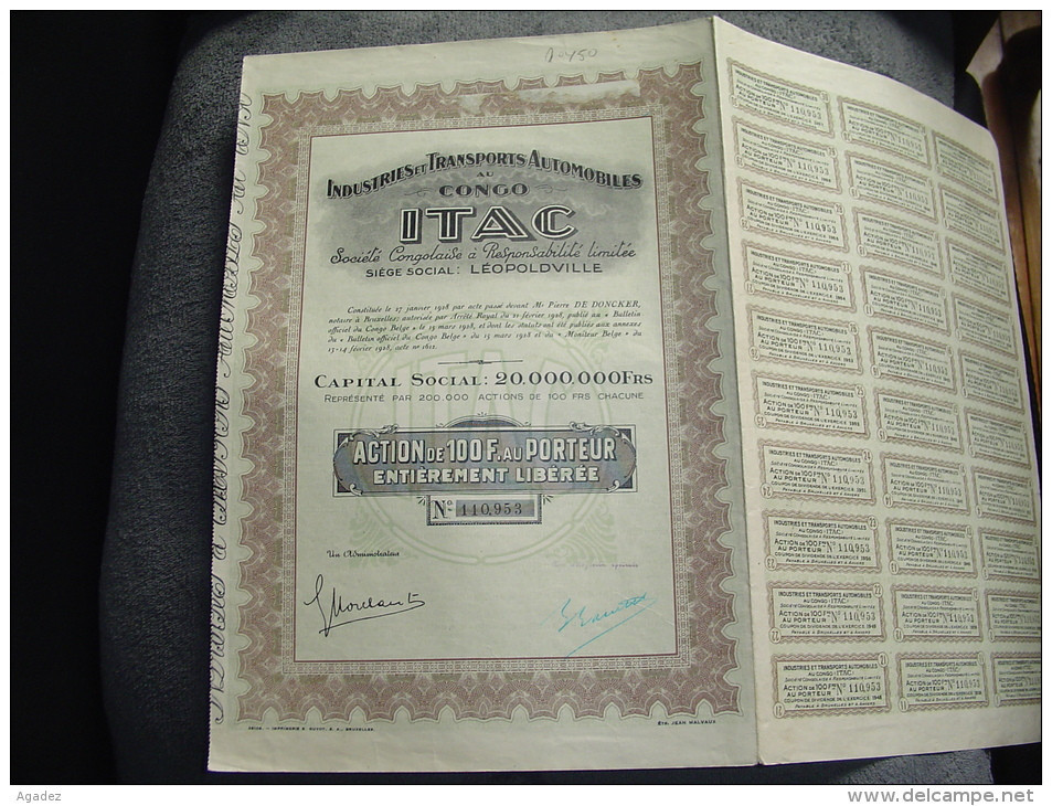 Action " Industries Et Transport Automobiles Au Congo " ( Itac ) Leopoldville 1928 Très Bon état,avec Tous Les Coupons. - Automovilismo