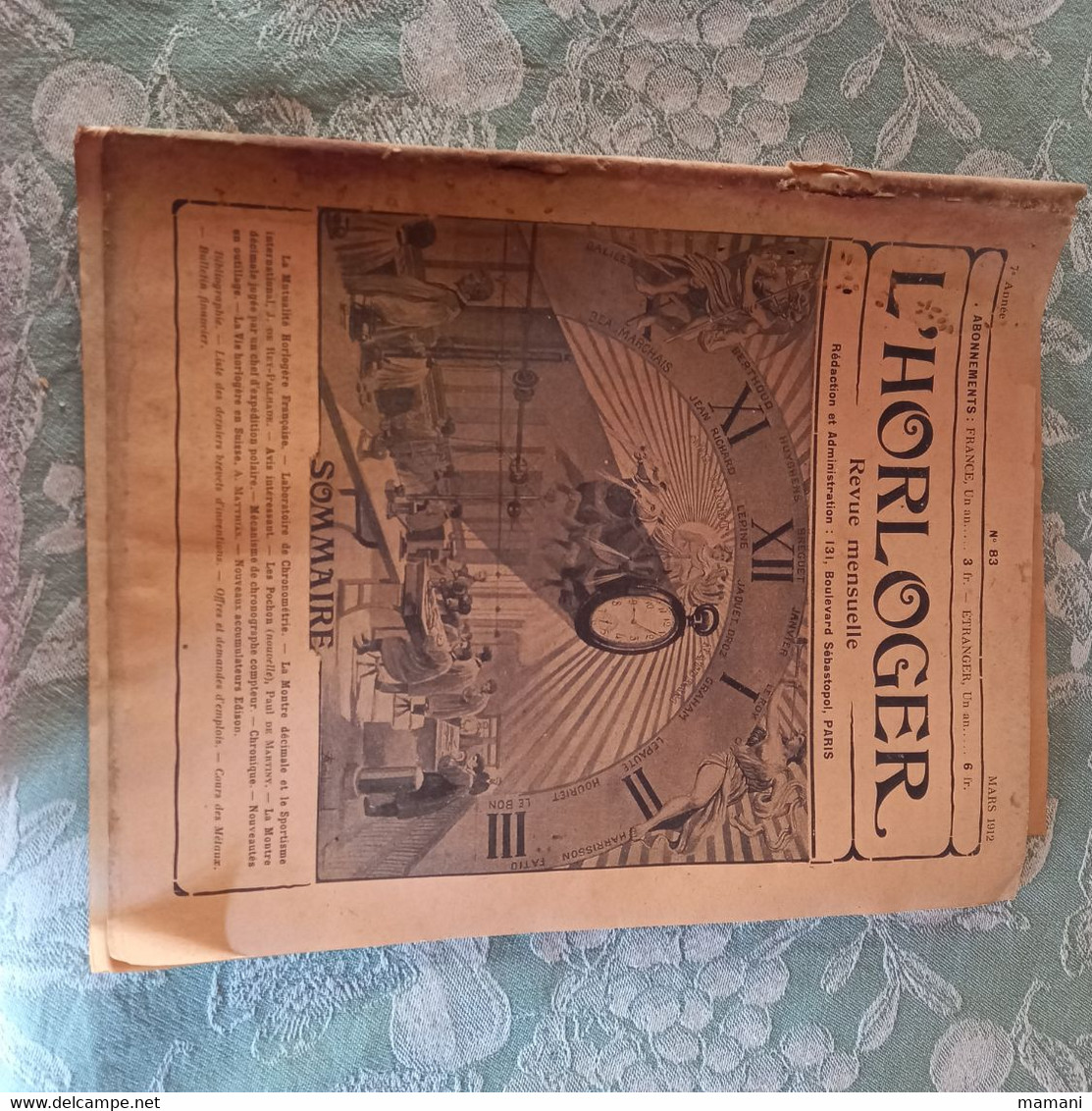 Revue mensuelle l'horloger numéro 83 de mars 1912 pub machine a coudre-lunetterie-chronometre etc...