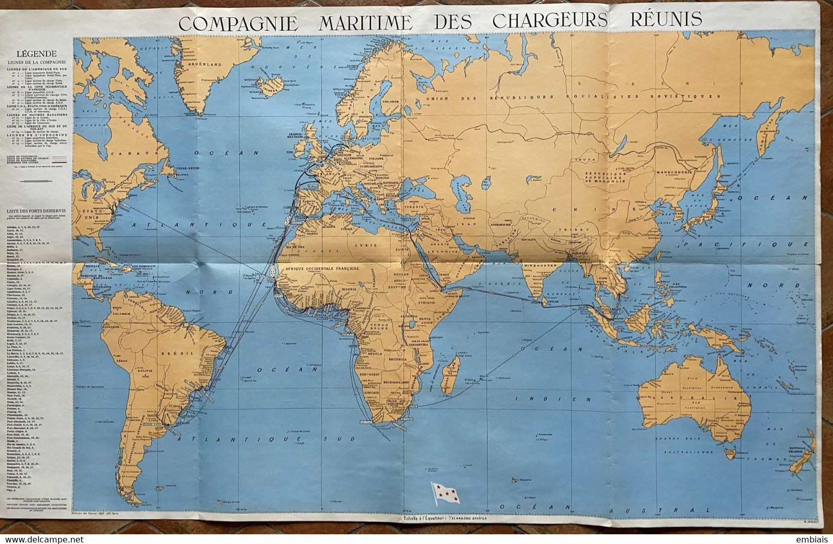 Navires à Vapeur - COMPAGNIE MARITIME DES CHARGEURS REUNIS - Affiche Planisphère De La Cie Par R.JANNOT 1953 - Cartas Náuticas