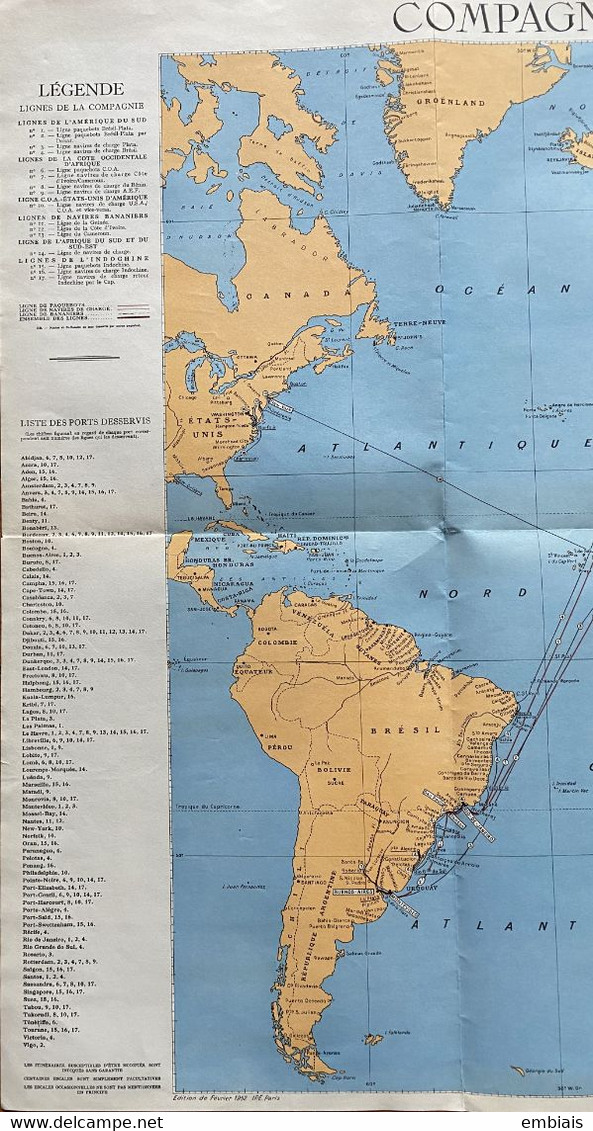 Navires à Vapeur - COMPAGNIE MARITIME DES CHARGEURS REUNIS - Affiche Planisphère De La Cie Par R.JANNOT 1953 - Nautical Charts