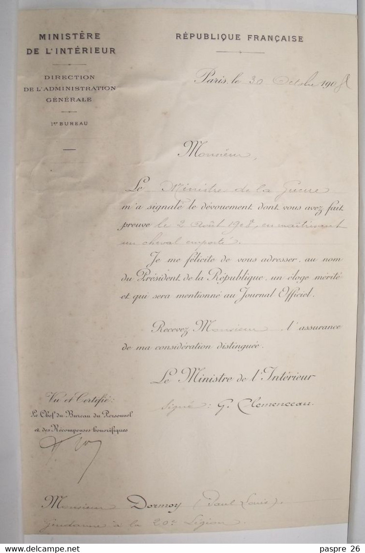 Ancienne Lettre Du Ministre De L'intérieur Georges CLEMENCEAU à Monsieur DORMOY Gendarme à Troyes En 1908 - Documents