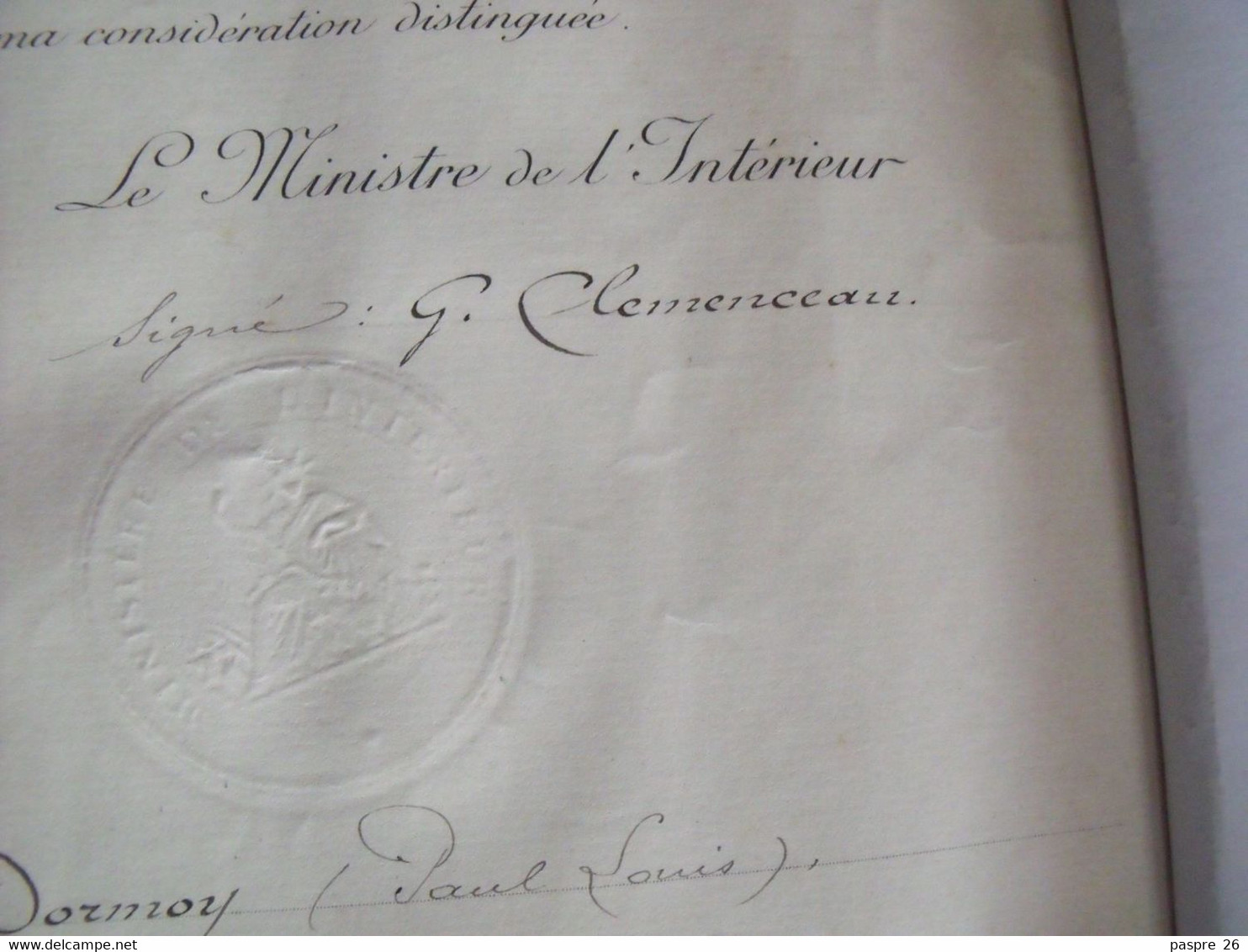 Ancienne Lettre Du Ministre De L'intérieur Georges CLEMENCEAU à Monsieur DORMOY Gendarme à Troyes En 1908 - Documents