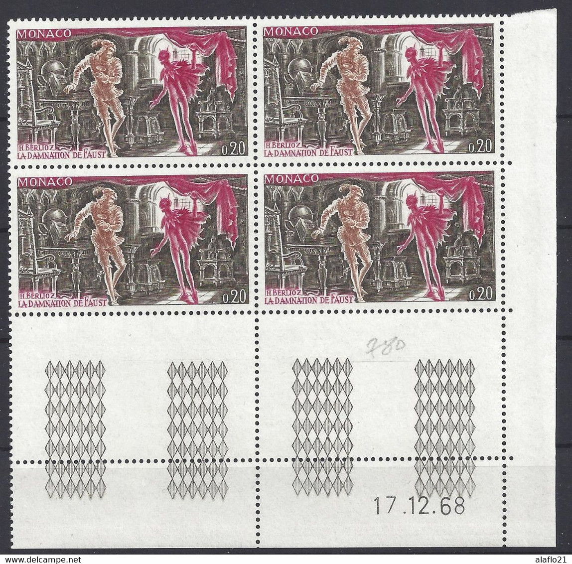 MONACO N° 780 - Bloc De 4 COIN DATE - NEUF** - BERLIOZ - DAMNATION DE FAUST - 17/12/68 - 1 Trait - Unused Stamps