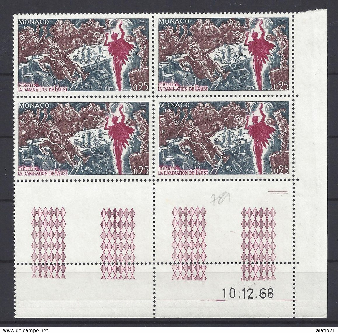 MONACO N° 781 - Bloc De 4 COIN DATE - NEUF** - BERLIOZ - DAMNATION DE FAUST - 10/12/68 - 2 Traits - Unused Stamps