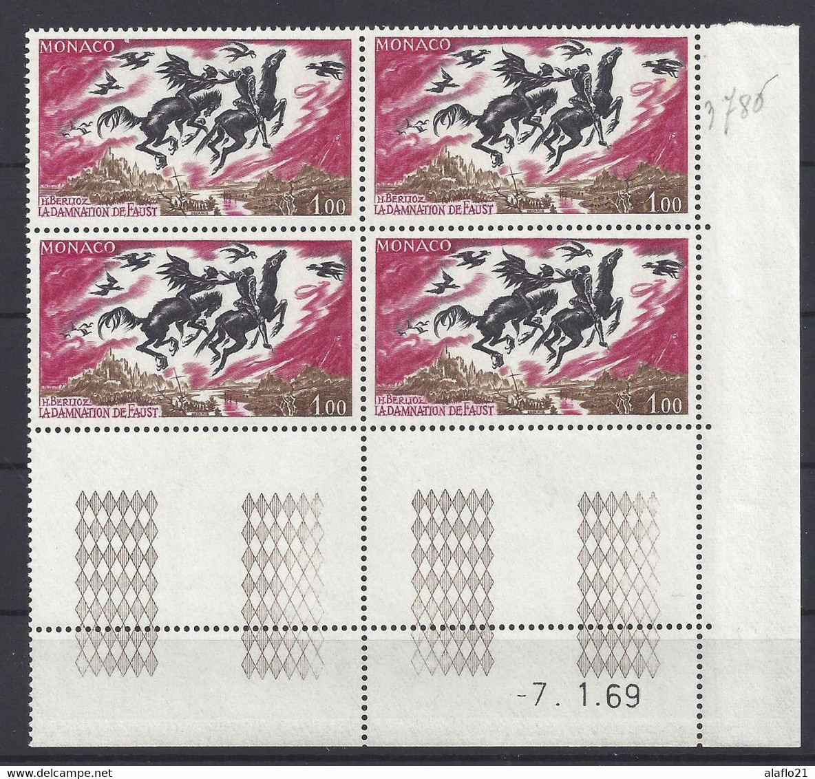 MONACO N° 786 - Bloc De 4 COIN DATE - NEUF** - BERLIOZ - DAMNATION DE FAUST - 7/1/69 - Unused Stamps