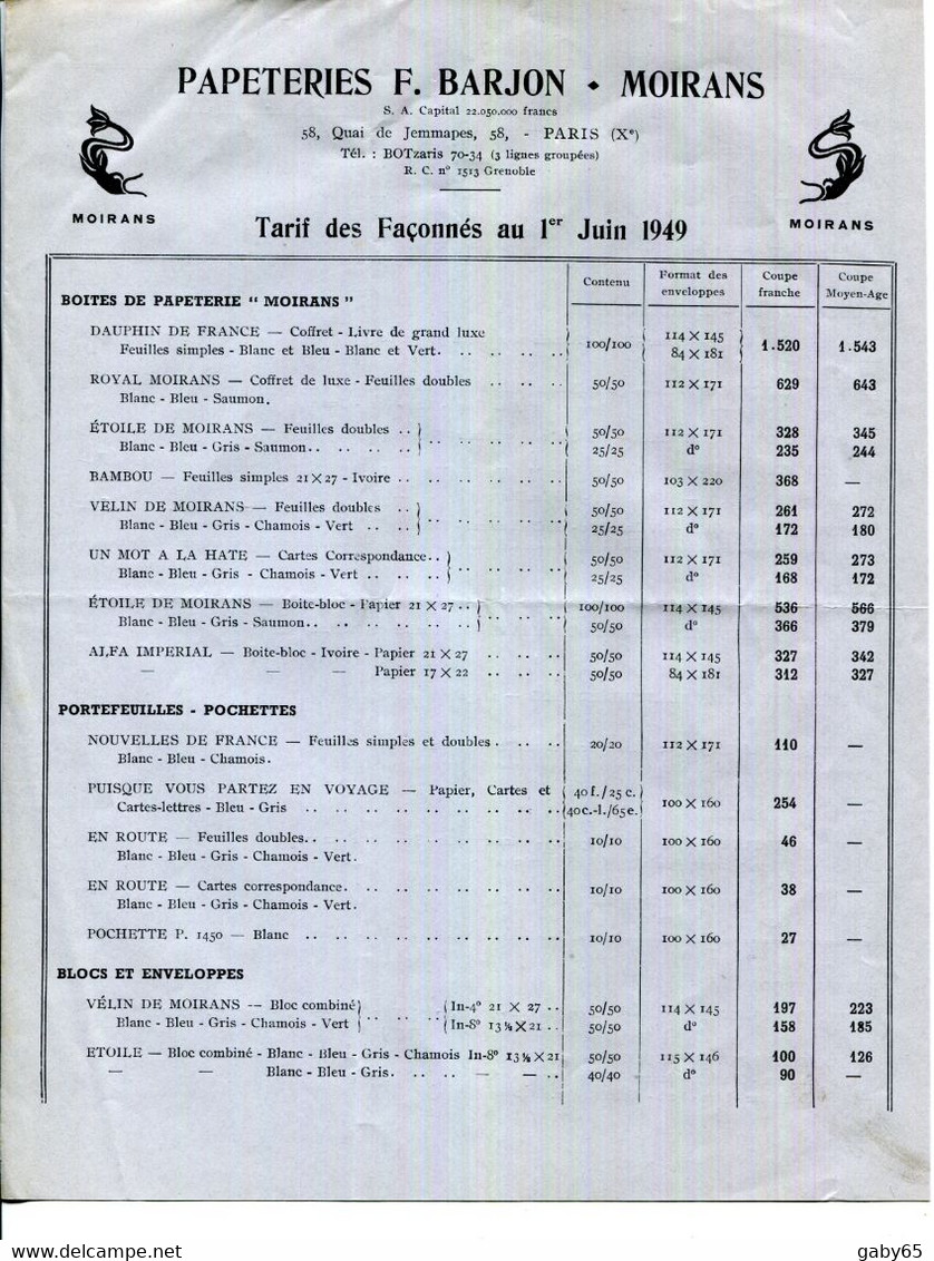 FACTURE.38.MOIRANS.PEPETERIES F.BARJON.TARIF 4 PAGES1949. - Imprimerie & Papeterie