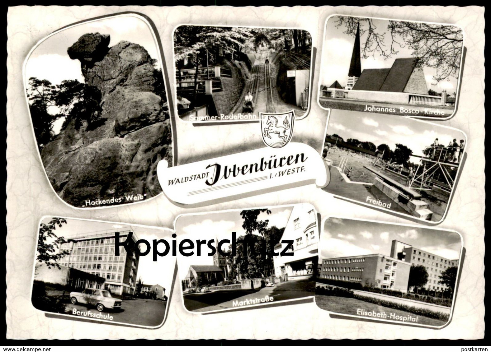 ÄLTERE POSTKARTE WALDSTADT IBBENBÜREN SOMMER-RODELBAHN HOCKENDES WEIB BERUFSSCHULE BOSCO KIRCHE Ansichtskarte Postcard - Ibbenbueren