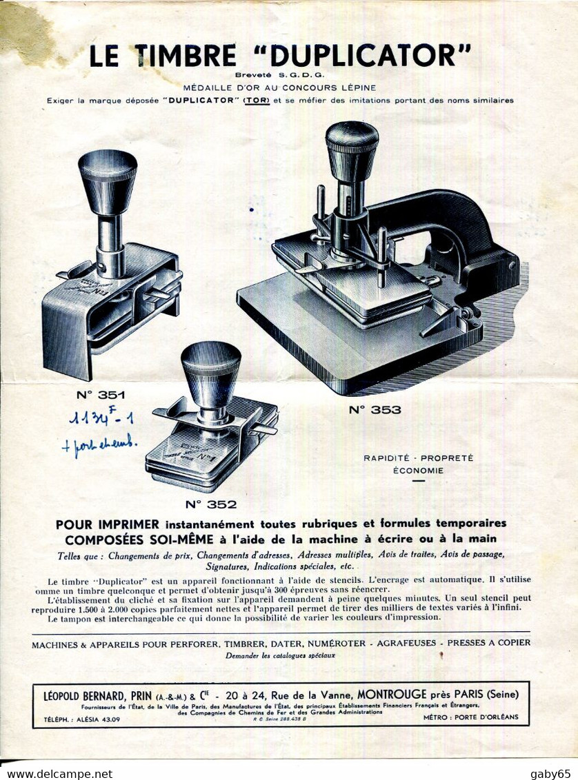 FACTURE.93.MONTROUGE.LE TIMBRE " DUPLICATOR "LEOPOLD BERNARD PRIN 20 à 24 RUE DE LA VANNE.TARIF. - Druck & Papierwaren