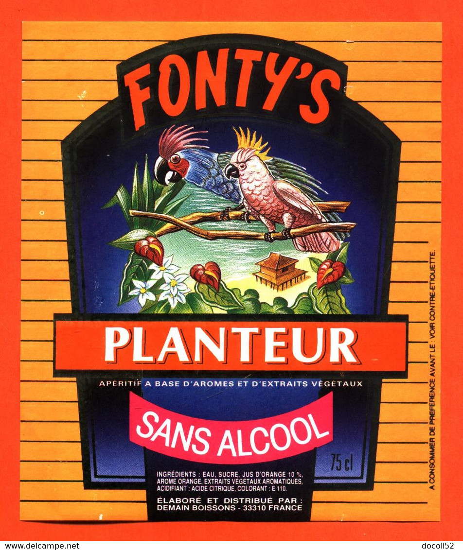 Etiquette + Collerette + étiq De Dos D'aperitif Planteur Sans Alcool Fonty's - Perroquets - Papegaaien & Parkieten