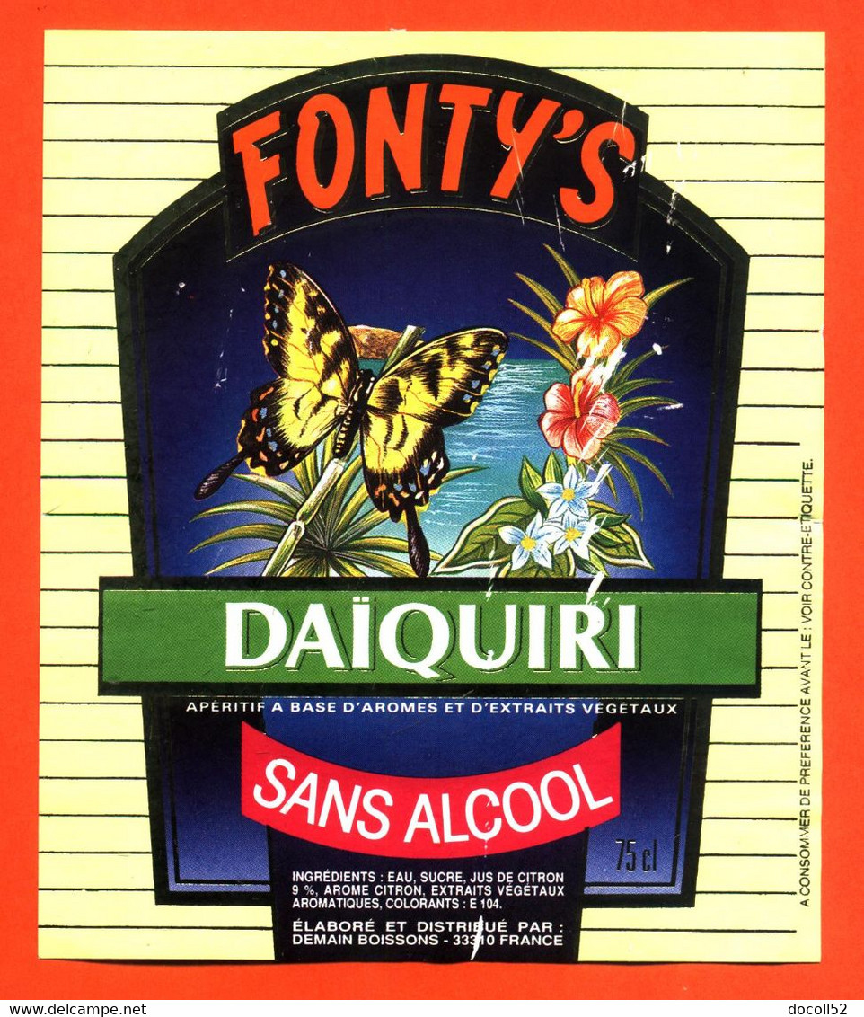 Etiquette + Collerette + étiq De Dos D'aperitif Daiquiri Sans Alcool Cocktail Fonty's - Papillon - Fleurs - Schmetterlinge