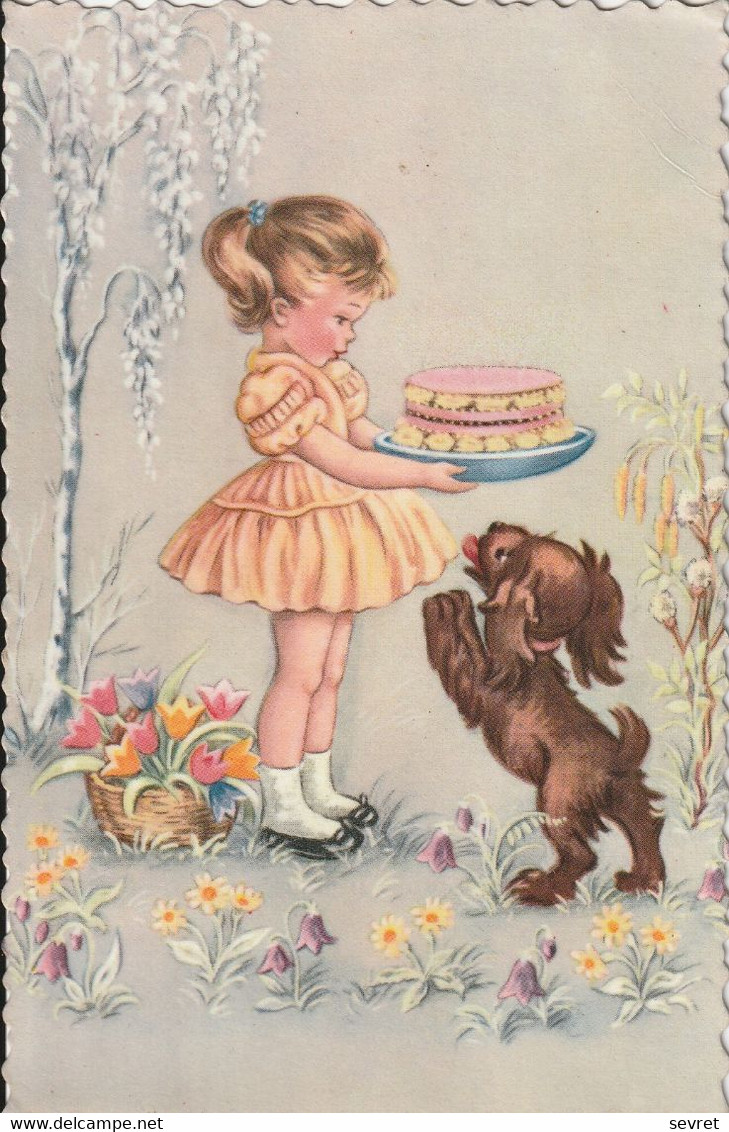 Fillette Et Son Chien Alléché Par Le Gâteau. - Carte Glacée Format 13.5 X 8.5 - Children's Drawings