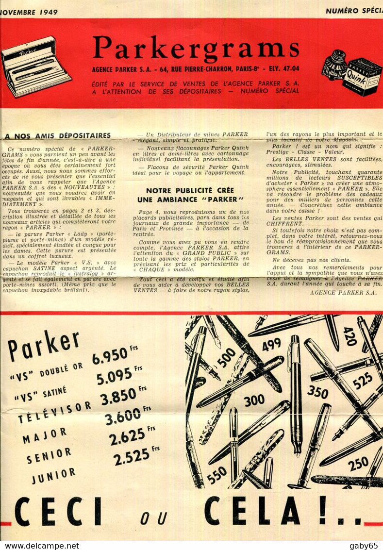 75.PARIS.PARKERGRAMS.AGENCE PARKER S.A. 64 RUE PIERRE CHARRON.PROSPECTUS 4 PAGES 1949 - Stamperia & Cartoleria