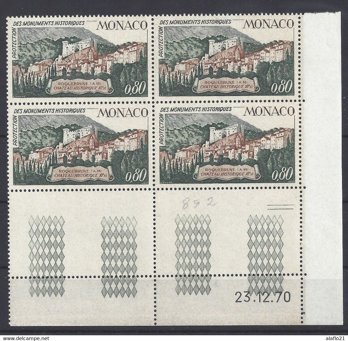 MONACO N° 852 - Bloc De 4 COIN DATE - NEUF** - CHATEAU HISTORIQUE à ROQUEBRUNE - 23/12/70 - Unused Stamps