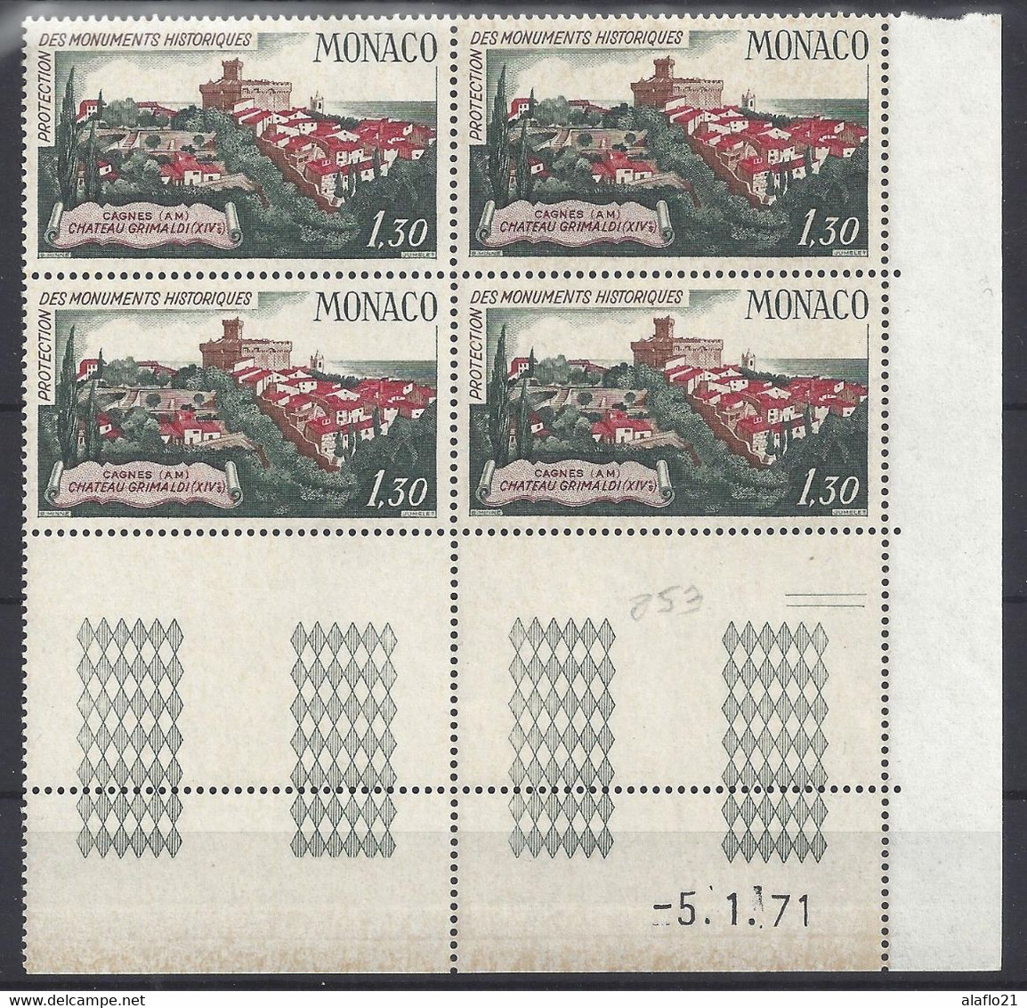 MONACO N° 853 - Bloc De 4 COIN DATE - NEUF** - CHATEAU GRIMALDI à CAGNES/MER - 23/12/70 - Unused Stamps