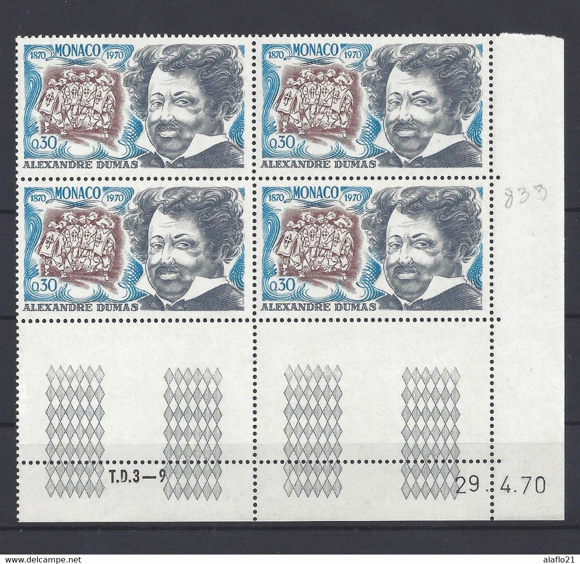 MONACO N° 839 - Bloc De 4 COIN DATE - NEUF SANS CHARNIERE - ALEXANDRE DUMAS - 29/4/70 - Unused Stamps