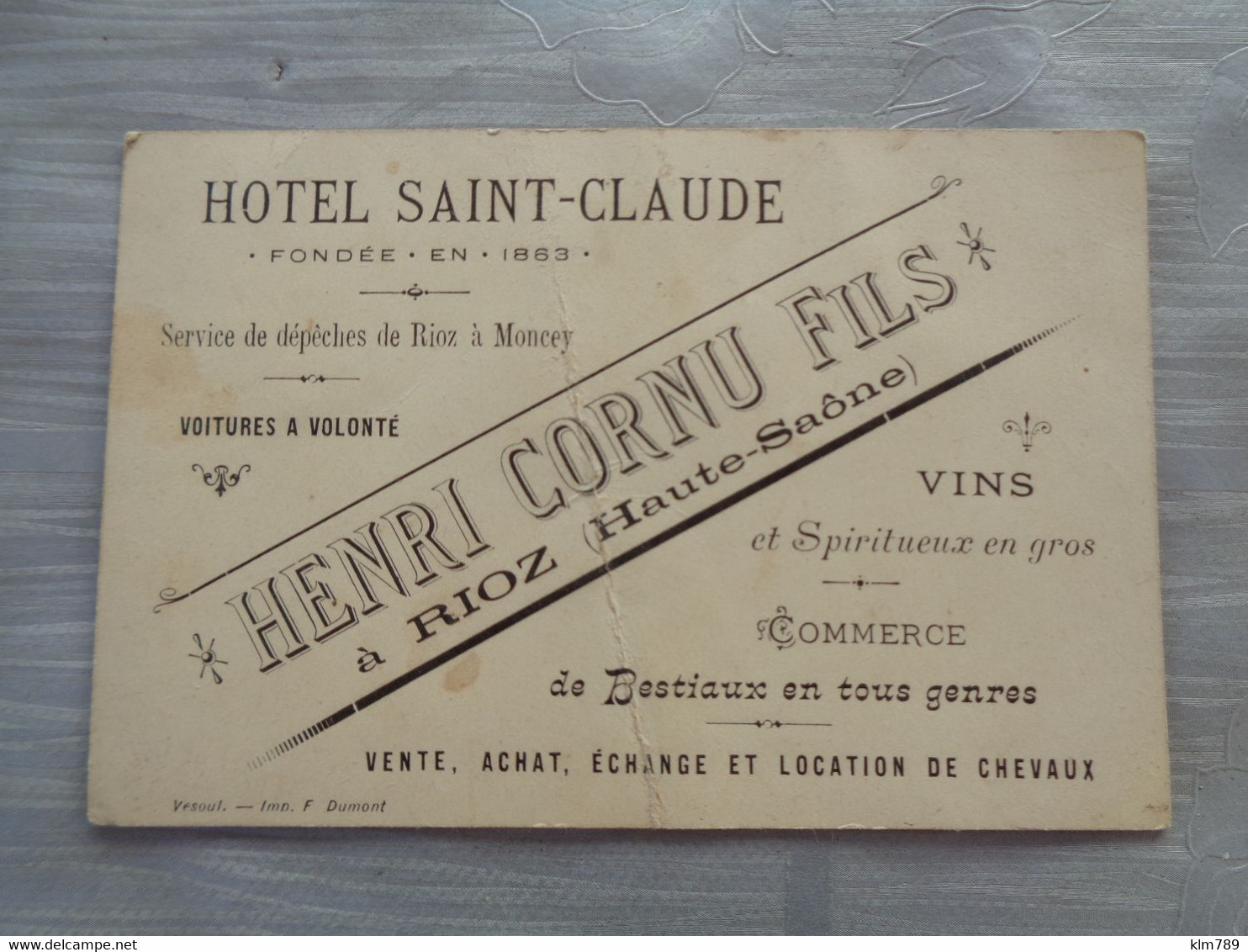 70 - Haute Saone - Rioz - Carte /avis De Passage - Hotel St Claude - Henri Cornu Fils - - Rioz