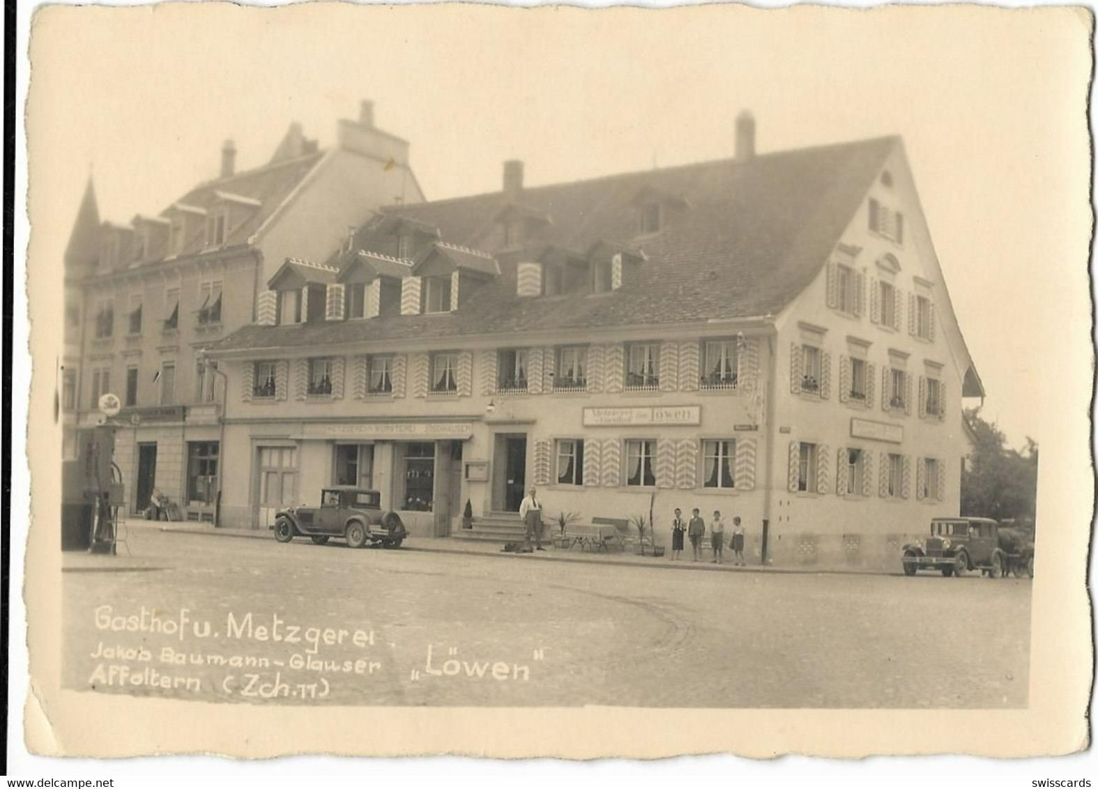 AFFOLTERN A/Albis: Gasthof/Metzgerei Löwen Mit Oldtimern, Echt-Foto-AK ~1920 - Affoltern