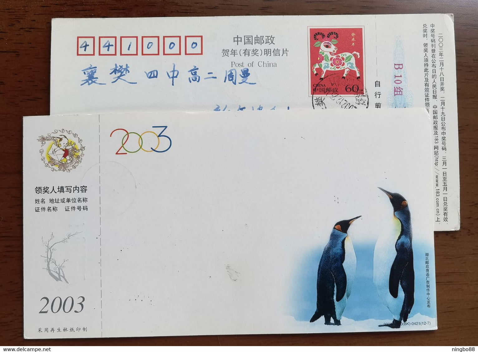 China 2003 New Year Greeting Pre-stamped Card Antarctic Penguin - Fauna Antártica