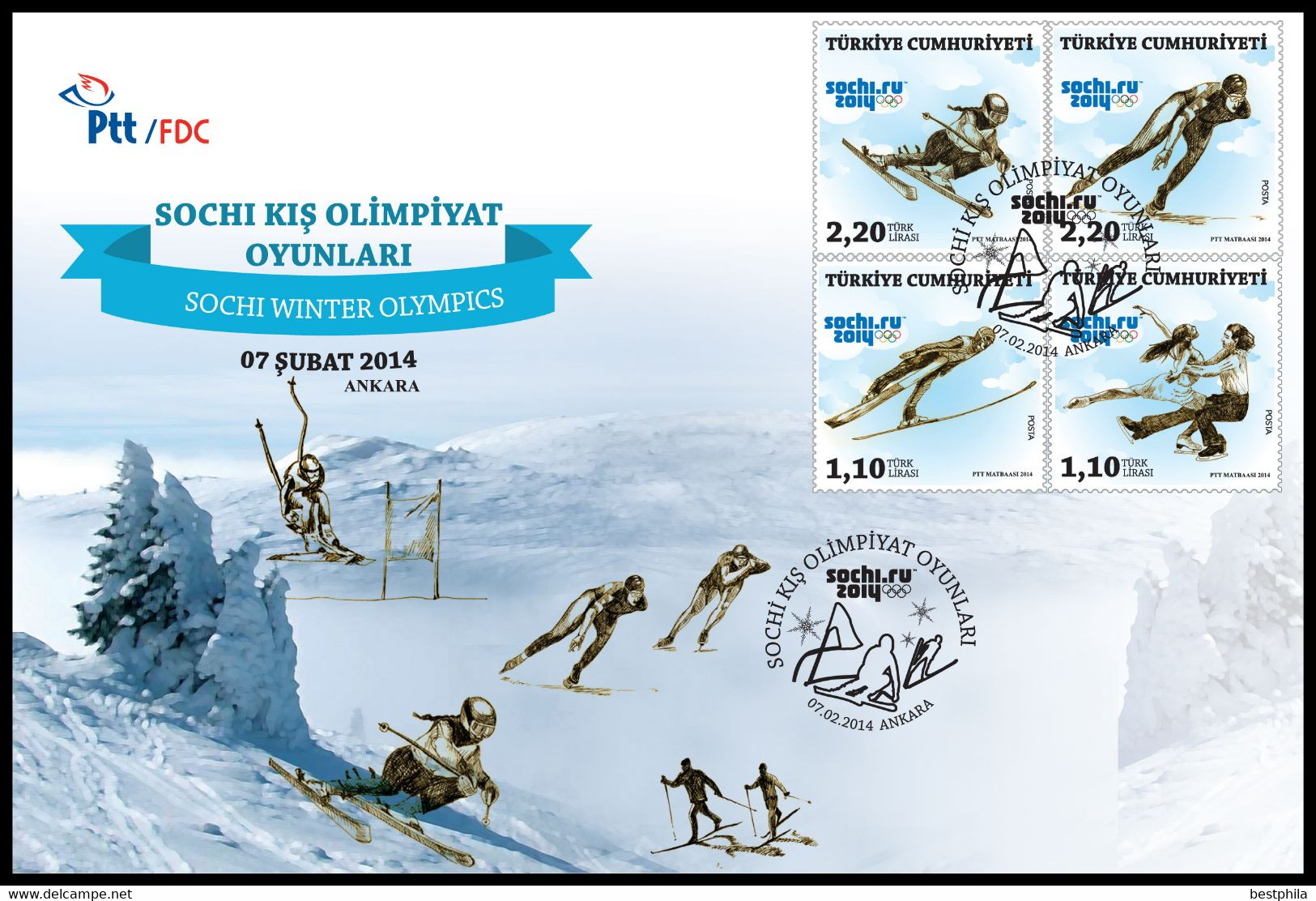 Turkey, Türkei - 2014 - Sochi Winter Olympics, Ski-jump /// First Day Cover & FDC - Brieven En Documenten