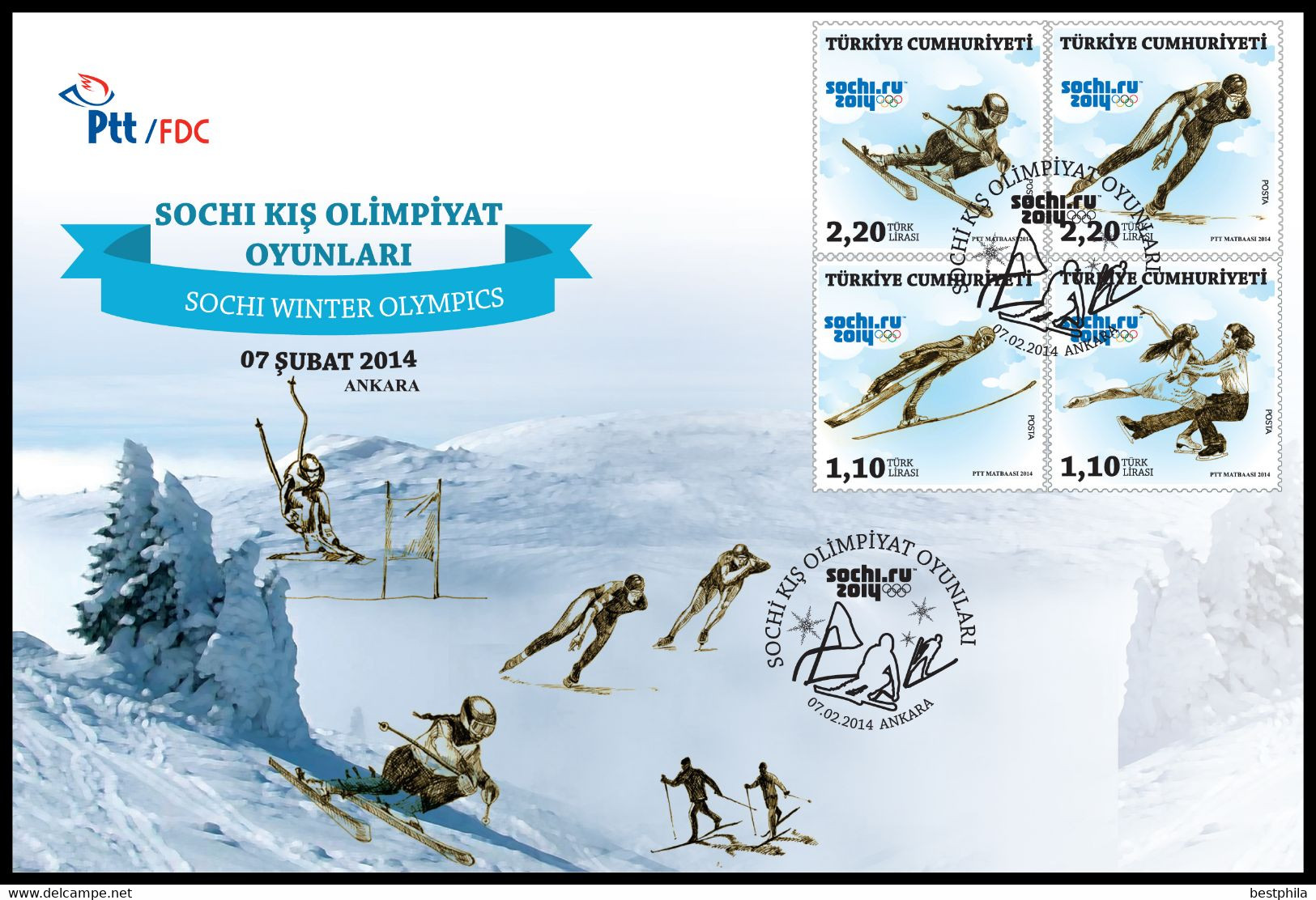 Turkey, Türkei - 2014 - Sochi Winter Olympics, Ski-jump /// First Day Cover & FDC - Covers & Documents