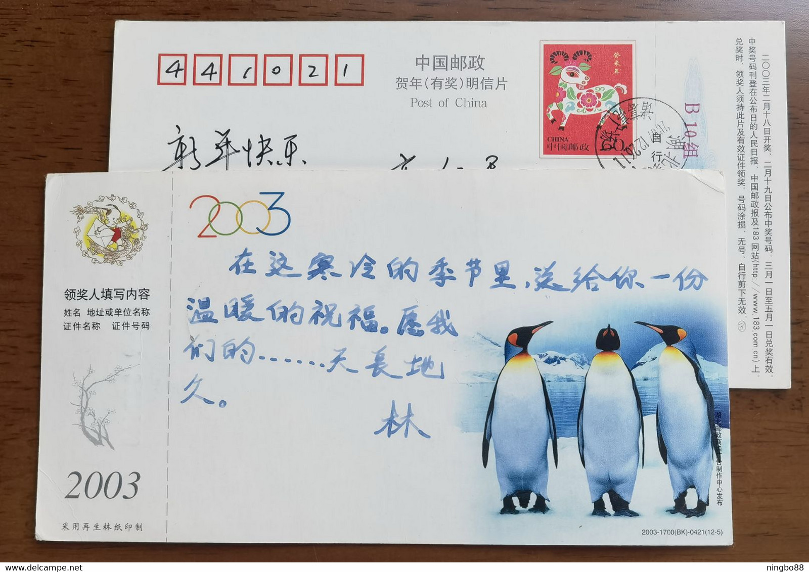 China 2003 New Year Greeting Pre-stamped Card Antarctic Emperor Penguin - Faune Antarctique