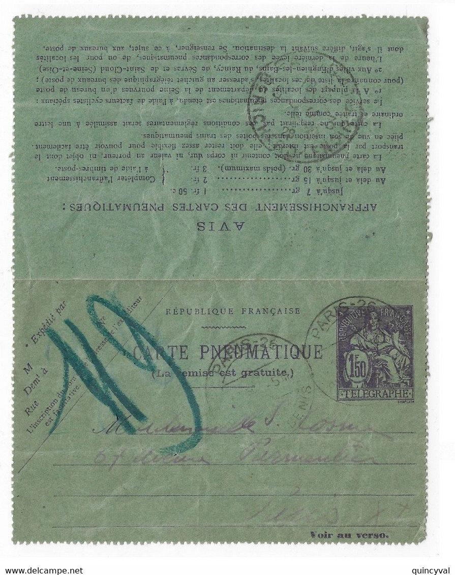 PARIS 26 Rue Du Fbg St Denis Cachet D'essai Dest Paris 119 Ob 5 3 28 Entier Carte Lettre 1,50 F Yv 2603 Storch N1 - Pneumatiques