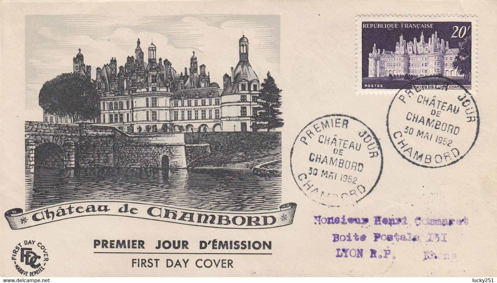 France - 30/05/1952 - FDC - Château De Chambord - 1950-1959