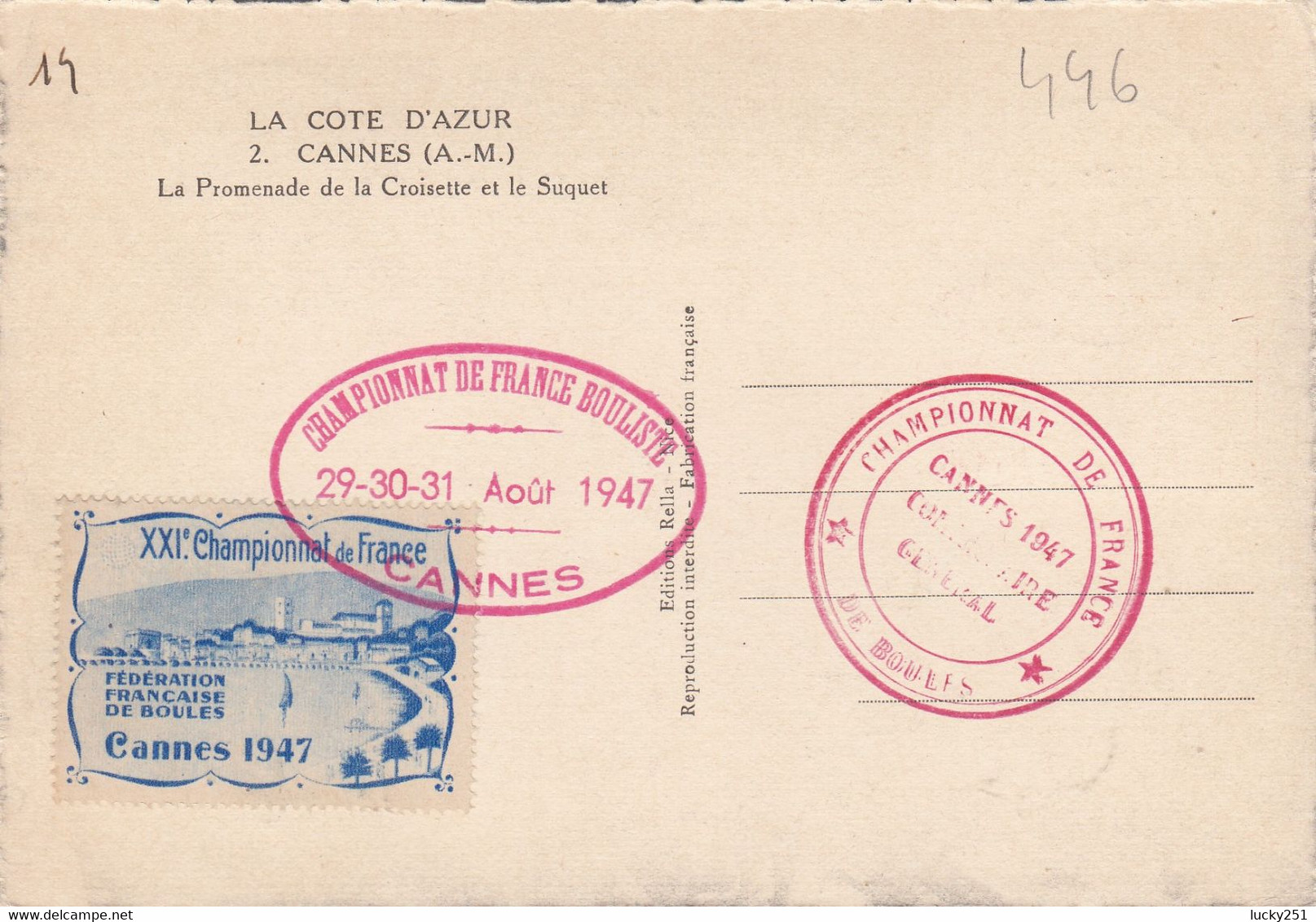 France - 29/08/1947 - Carte Maximum - La Croisette à Cannes - Oblitérations Championnat De Boules + Vignette Au Verso - 1940-1949