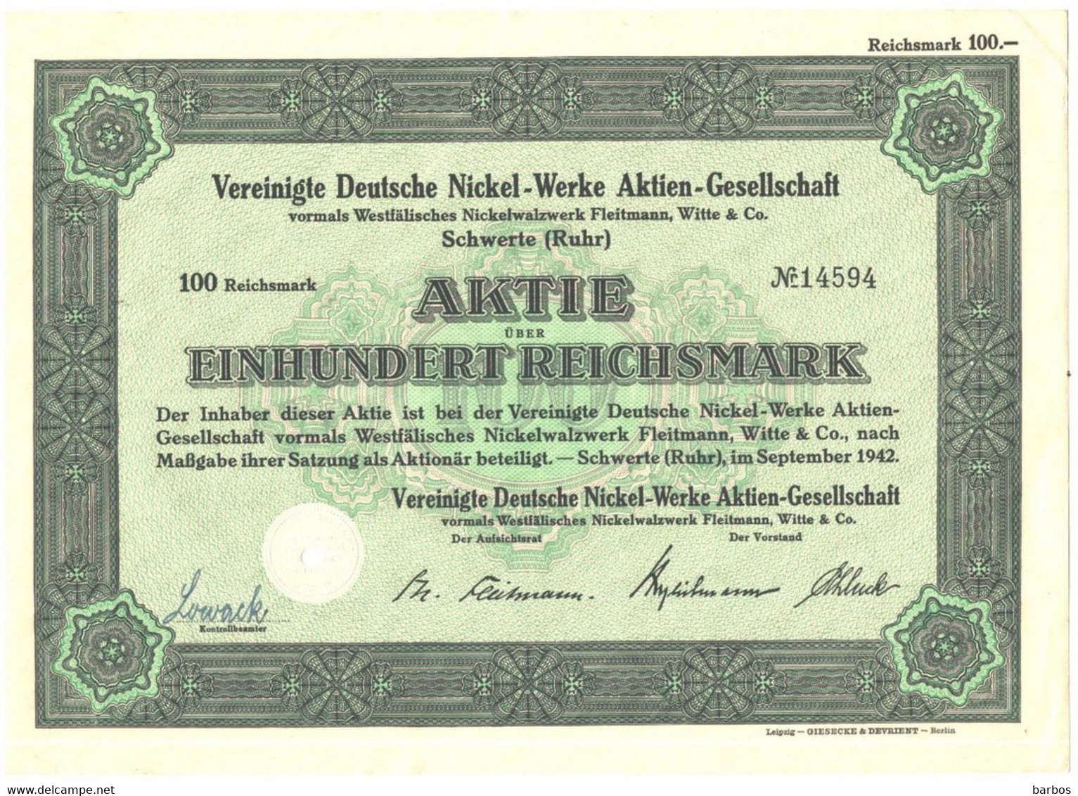 Germany Wertpapier Aktie Action, Nonvaleur Vereinighte Deutsche Nickel-Werke Aktien Gesellschaft - M - O