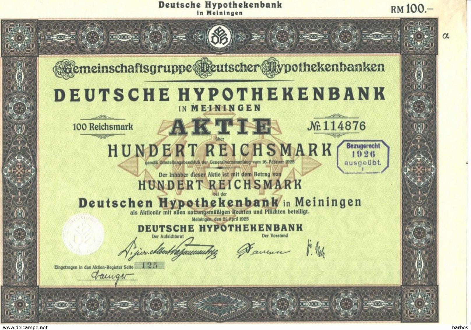 Germany Wertpapier Aktie Action, Nonvaleur Vereinighte Deutsche Hypothekenbank , Meiningen - D - F