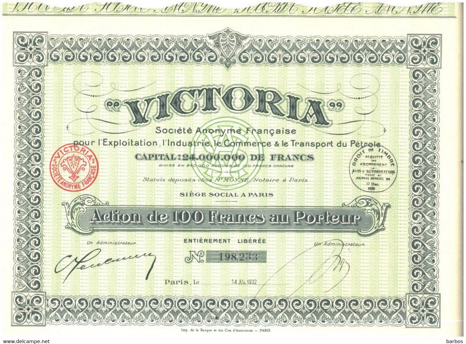 France Wertpapier Aktie Action, Nonvaleur Societe Francaise Petroliere Victoria - S - V