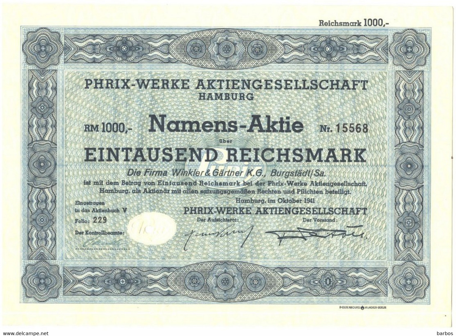 Germany Wertpapier Aktie Action, Nonvaleur Phrix Werke Aktiengesellschaft Hamburg - S - V