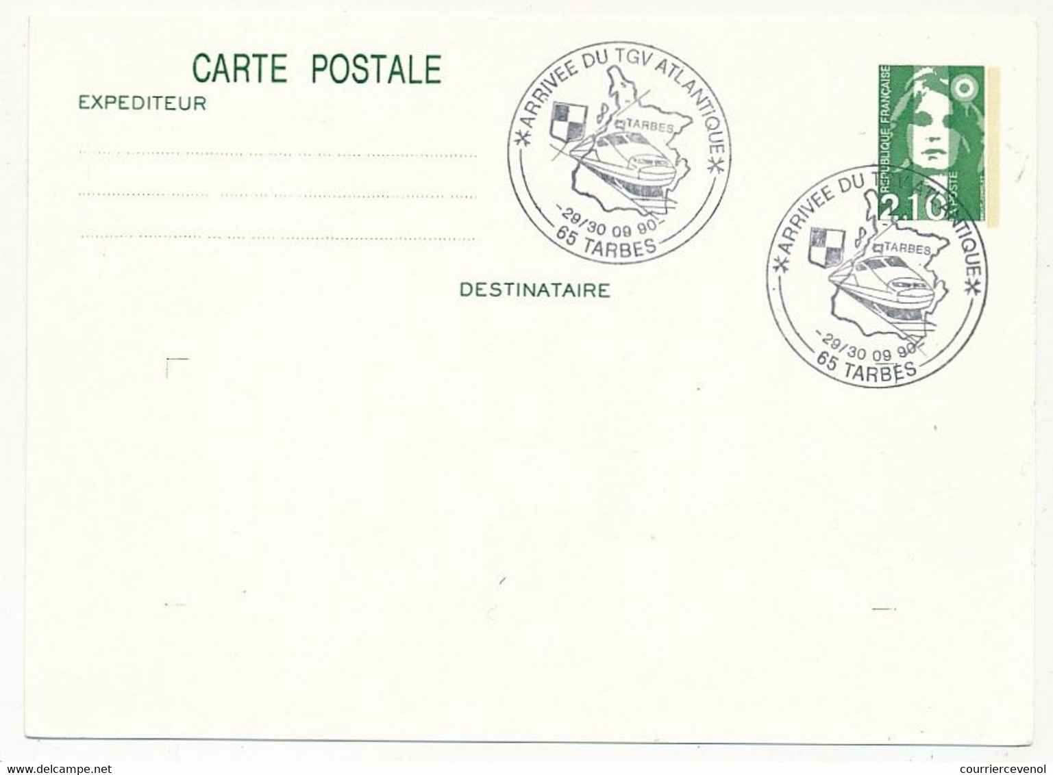 FRANCE - Entier CP 2,10 Briat - Obl. Temporaire "Arrivée Du TGV Atlantique - 65 TARBES" 29/30-09-1990 - Commemorative Postmarks