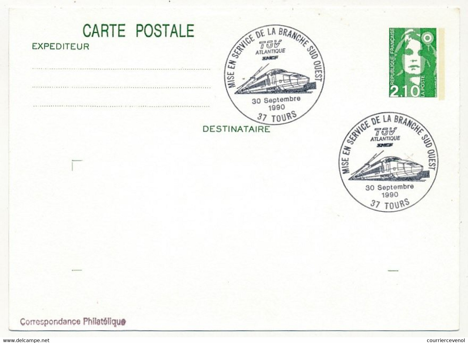 FRANCE - Entier CP 2,10 Briat - Obl. Temporaire "Mise En Service De La Branche Sud Ouest TGV Atlantique" TOURS 30/9/1990 - Cachets Commémoratifs