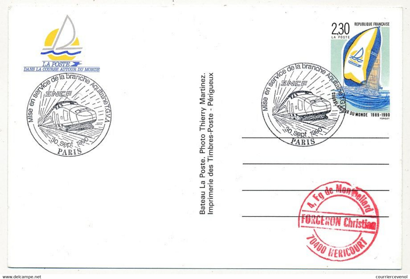 FRANCE - Entier CP 2,30 Bateau - Obl. Temp. "Mise En Service Branche Aquitaine TGV A - PARIS - 30/9/1990" - Commemorative Postmarks