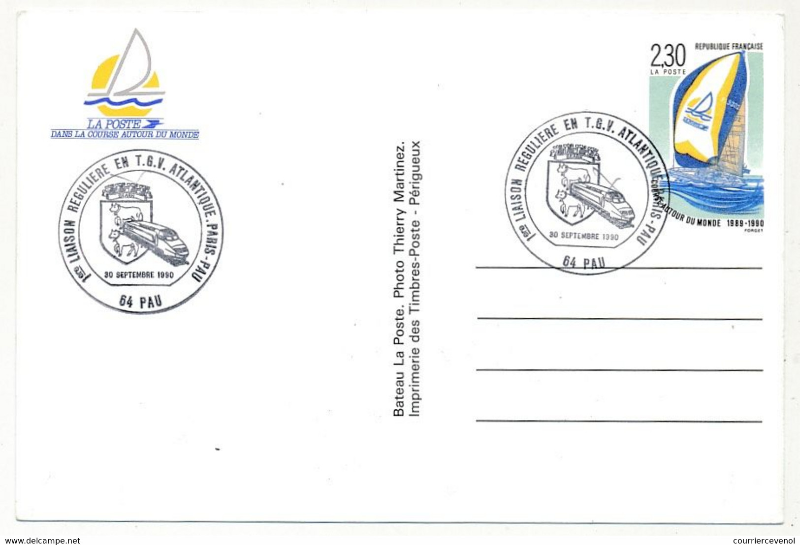 FRANCE - Entier CP 2,30 Bateau - Obl. Temp. "1ère Liaison Régilière TGV Atlantique Paris Pau - PAU 30/9/1990" - Commemorative Postmarks