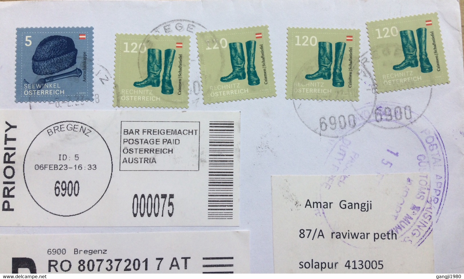 AUSTRIA 2023, COVER REGISTER, USED TO INDIA, RECHNITZ, SEEWINKEL, MULTI 5 STAMP, BREGENZ TOWN CANCEL, CUSTOMS MUMBA, DU - Covers & Documents