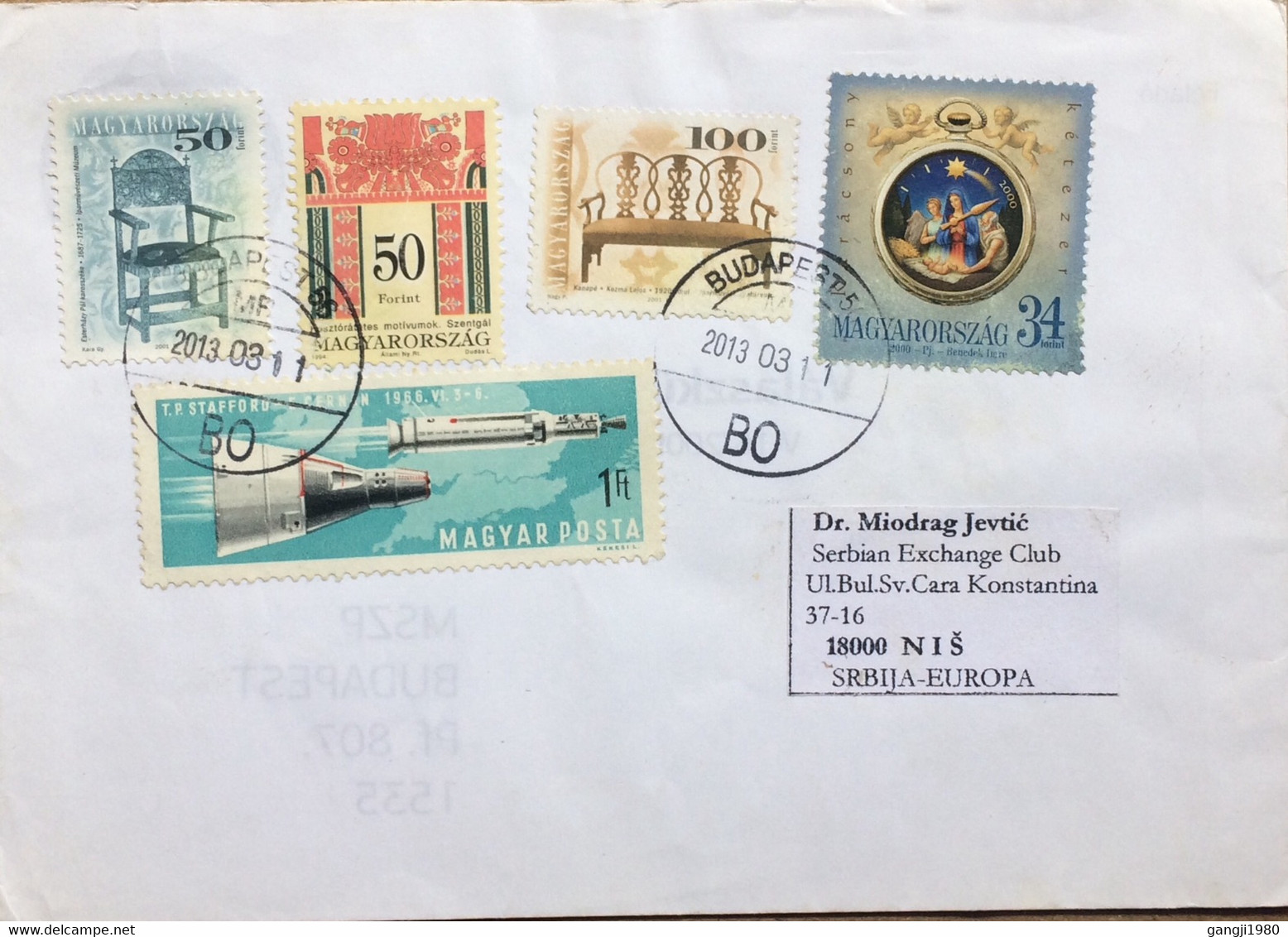 HUNGARY 2013, COVER USED TO SERBIA,1966 ROCKET IN SPACE, 2000 CHRISTMAS, 2001 SOFA & CHAIR ART FURNITURE, 5 STAMP, BUDAP - Lettere