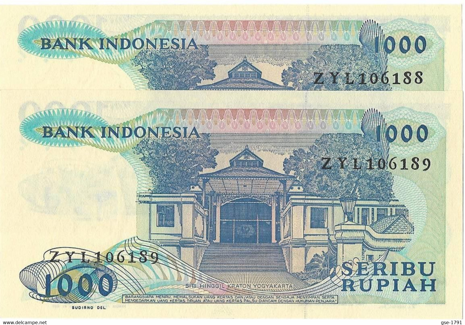 INDONESIE 1000 Rupiah #127   1987 RAJA XII  Lot De 2 Billets Série NEUFS - Indonésie