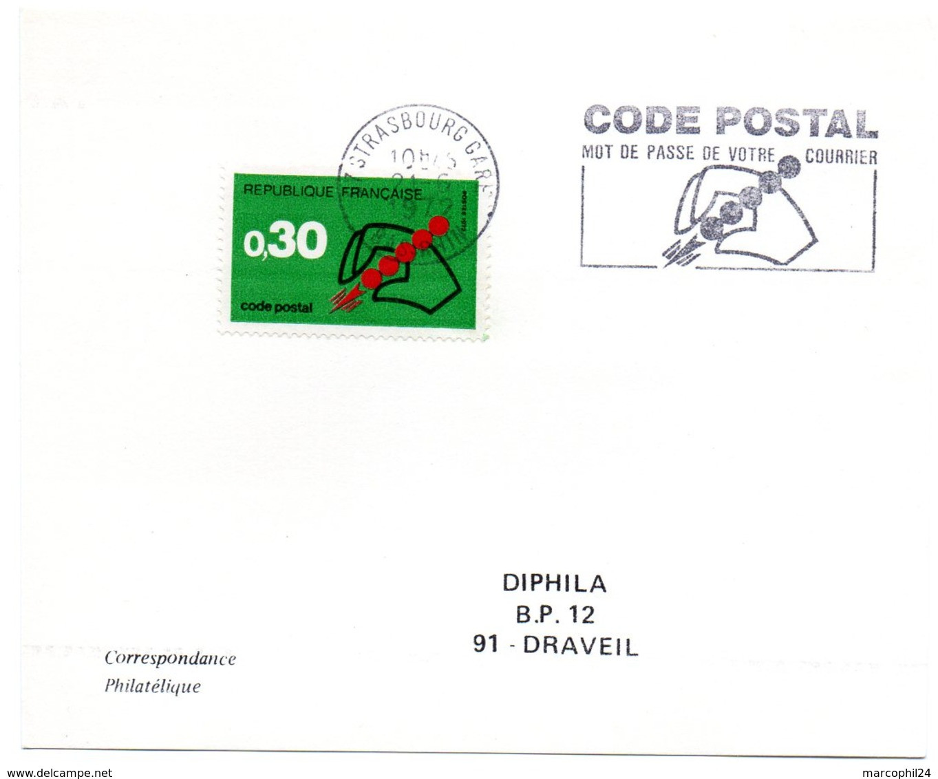 RHIN / Bas - Dépt N° 67 = STRASBOURG GARE 1972 =  FLAMME CONCORDANTE = SECAP ' CODE POSTAL / Mot Passe' - Code Postal