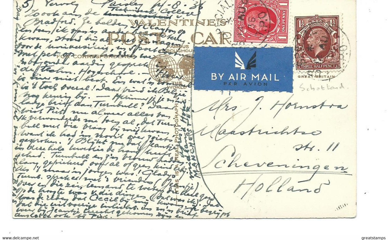 Scotland    Postcard  Rp Paisley Abbey To Holland Up Special T.p.o. Tpo Cancel And Airmail 1936 - Renfrewshire