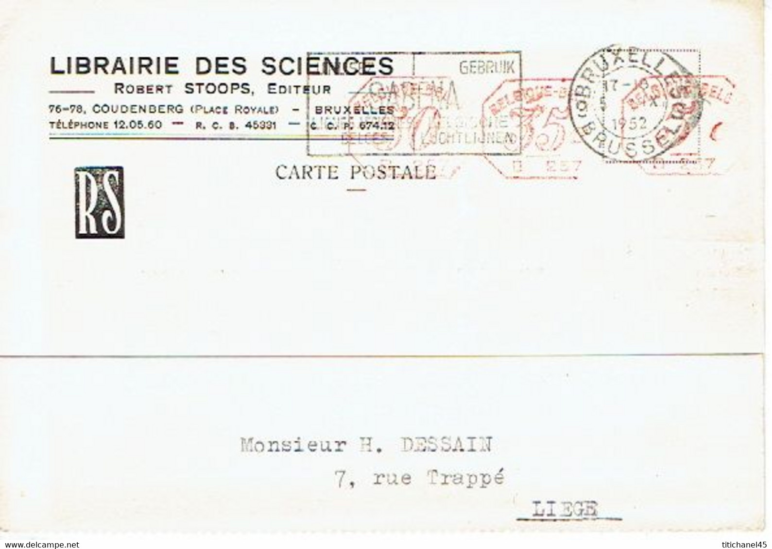 CP  EMA 50c + 35c + 5 C (B401)   Obl.1952 + CP Publicitaire LIBRAIRIE DES SCIENCES à BRUXELLES - ...-1959