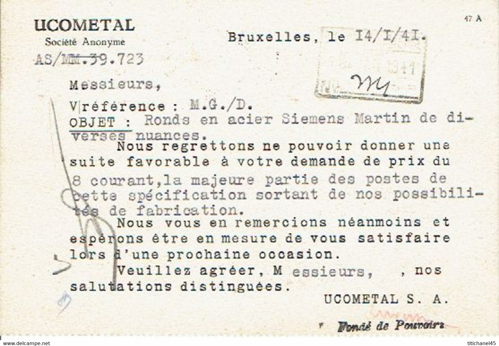 CP  EMA 10c (B541) X4 - Obl.1941+ CP Publicitaire UCOMETAL à BRUXELLES - ...-1959