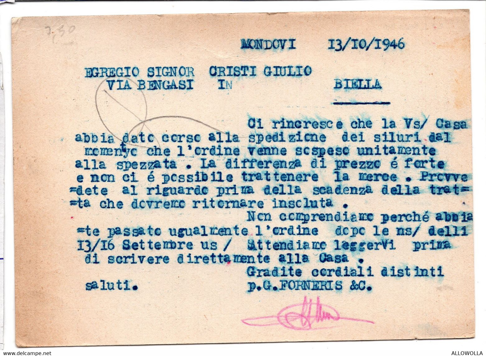 19544 " G. FORNERIS & C.-COLONIALI-MONDOVI' "-CART. POST. ORIG. SPEDITA 1946 - Magasins