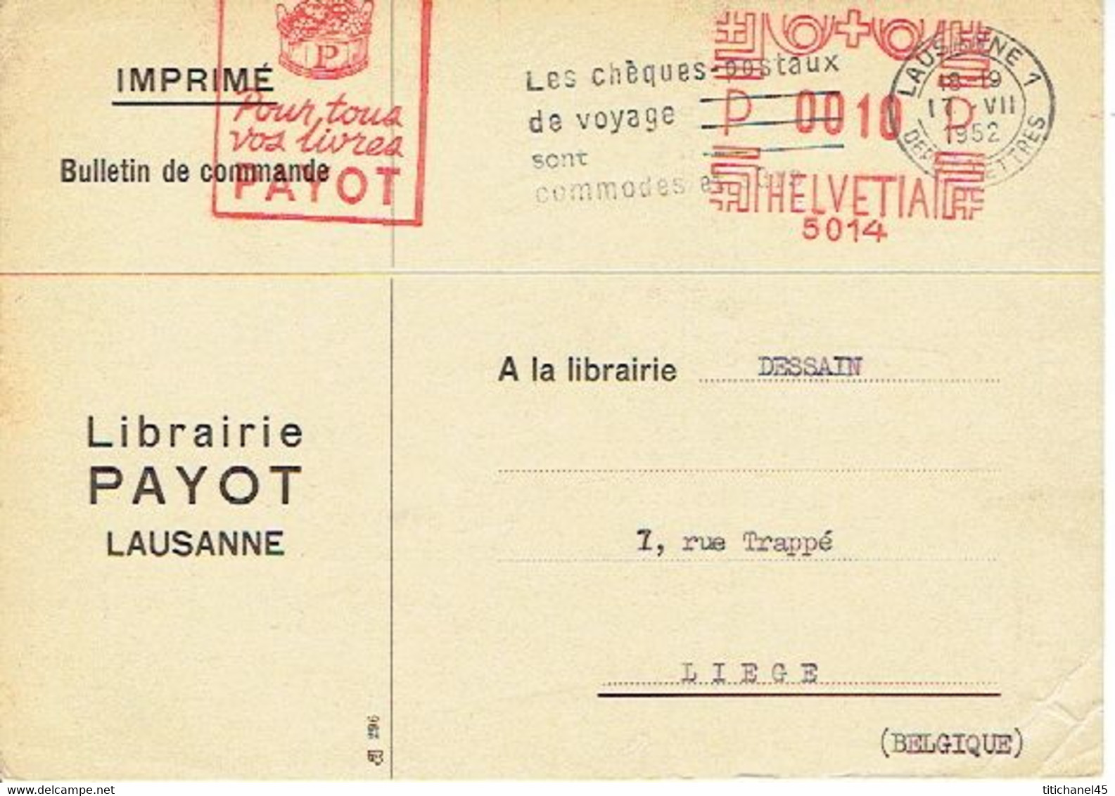 CP  EMA 5014  Logo PAYOT Pour Tous Vos Livres - Obl.1952 + CP Publicitaire LIBRAIRIE PAYOT à LAUSANNE - Frankiermaschinen (FraMA)