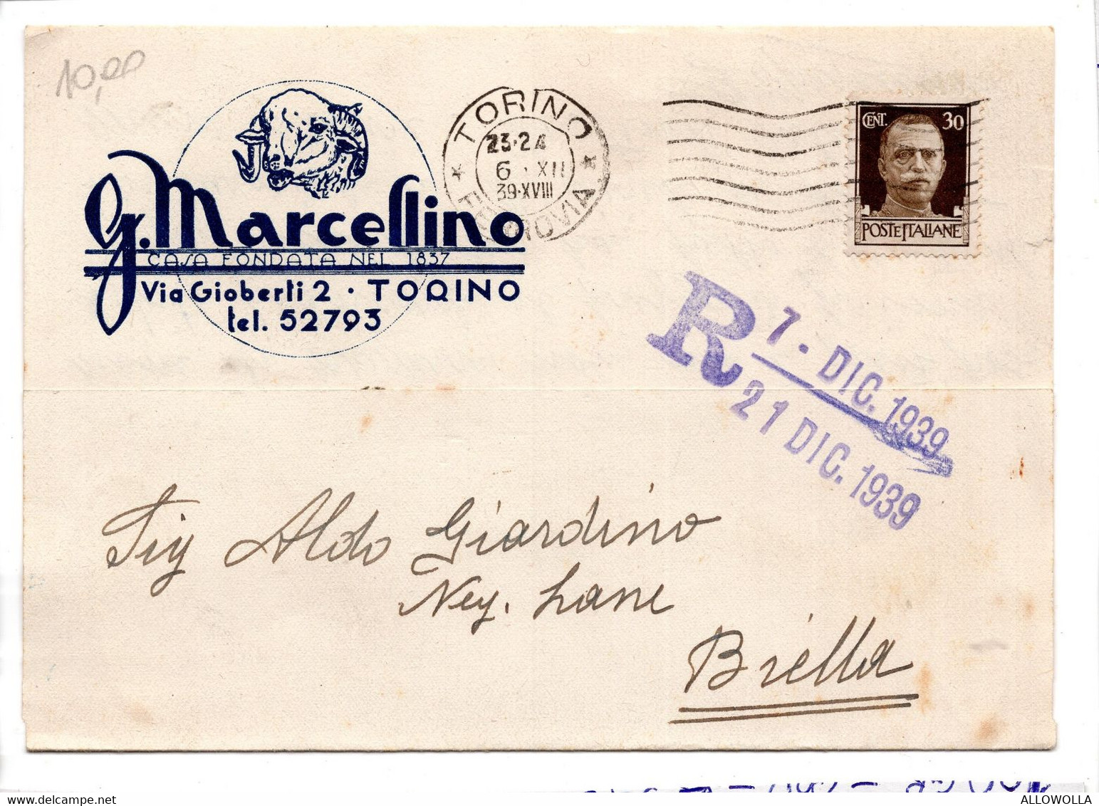 19555 " G. MARCELLINO-TORINO "-CART. POST. ORIG. SPEDITA 1939 - Händler
