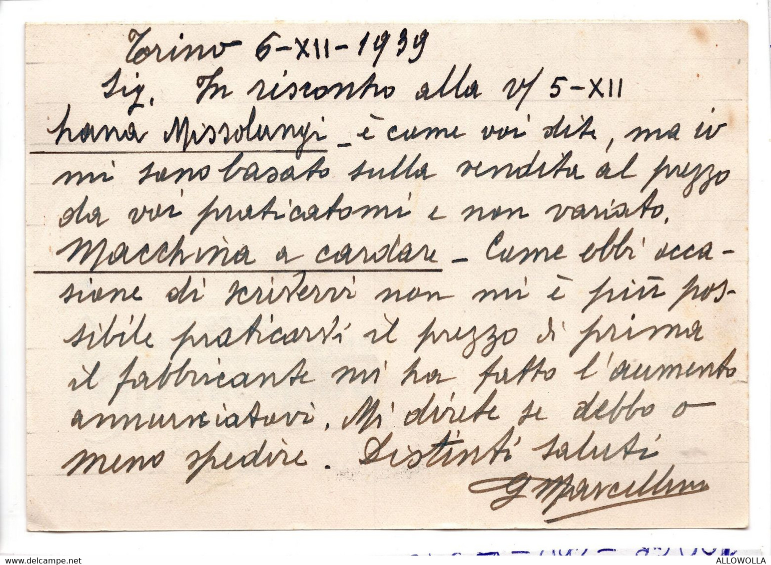 19555 " G. MARCELLINO-TORINO "-CART. POST. ORIG. SPEDITA 1939 - Shopkeepers